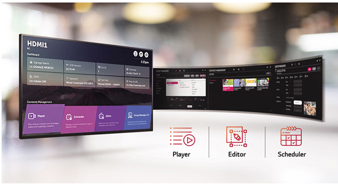 LG displays around graphics and text that indicate media player, editor and scheduler features