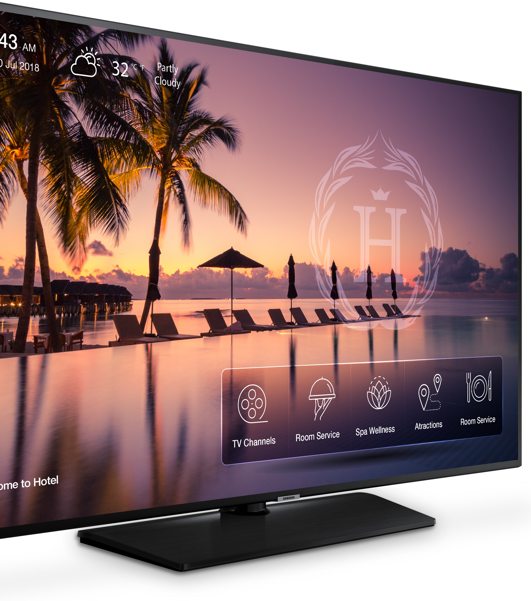 Samsung digital signage with a hilton logo and a poolside image at twilight. The screen also shows weather and app icons