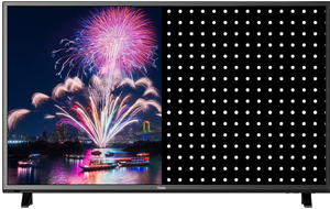 Avera TV Screen Split in Two, The left Side shows fireworks being shot from a boat near a city at night, the right side shows the TV's LED lights