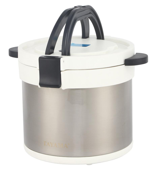 The thermal cooker with lid closed has its handles lifted up.