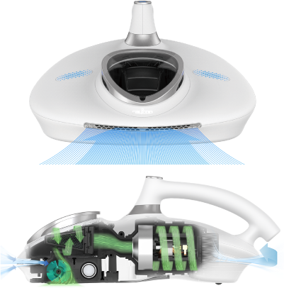 RAYCOP VCEN-100USWH vacuum facing forward with blue graphics showing its forward suction power and RAYCOP VCEN-100USWH facing to the left with transparent graphics showing the inner workings