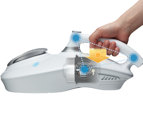 RAYCOP VCEN-100USWH facing to the left being held by a hand, there are also graphics and transparency showing the inner workings