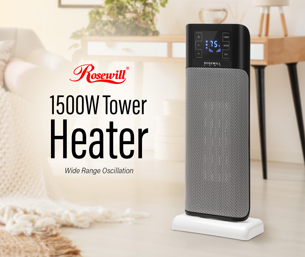Rosewill Electric Oscillating Tower Heater Fan with Thermostat ...