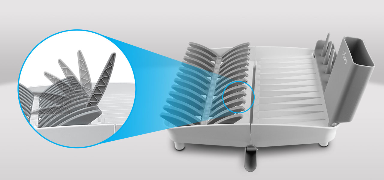 the detail of the built-in tines and a a dedicated utensil holder for the Foldable Dish Rack Set 