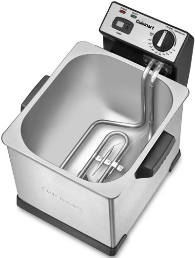  Top angle view of the CDF-170 Deep Fryer with lid removed, showing control panel, and heating element in the frying bowl  