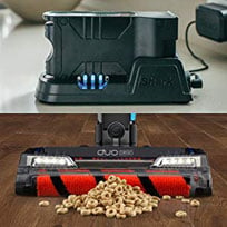 Shark IONFLEX battery charging above an image of the vacuum vacuuming cheerios from a wooden floor