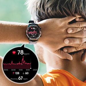 Man Wearing the Huawei Watch GT With Both Hands Behind His Head and a Close-Up of the Heartrate Reporting on the Watches' Face