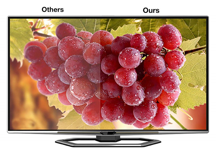 A TV with the left half showing imagery with HDMI connection from others and the right half showing imagery with HDMI connection from Nippon Labs cables