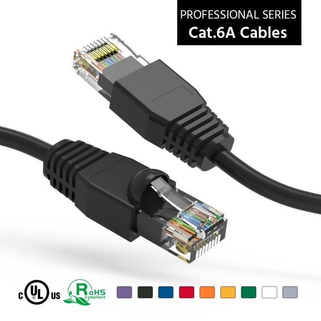 The two connectors of Nippon Labs Cat.6A UTP Ethernet Network Booted Cable are on display