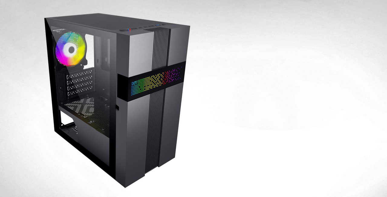 DIYPC ARGB-Q8-BK case is facing slightly to the right to the front panel, left panel and top panel.