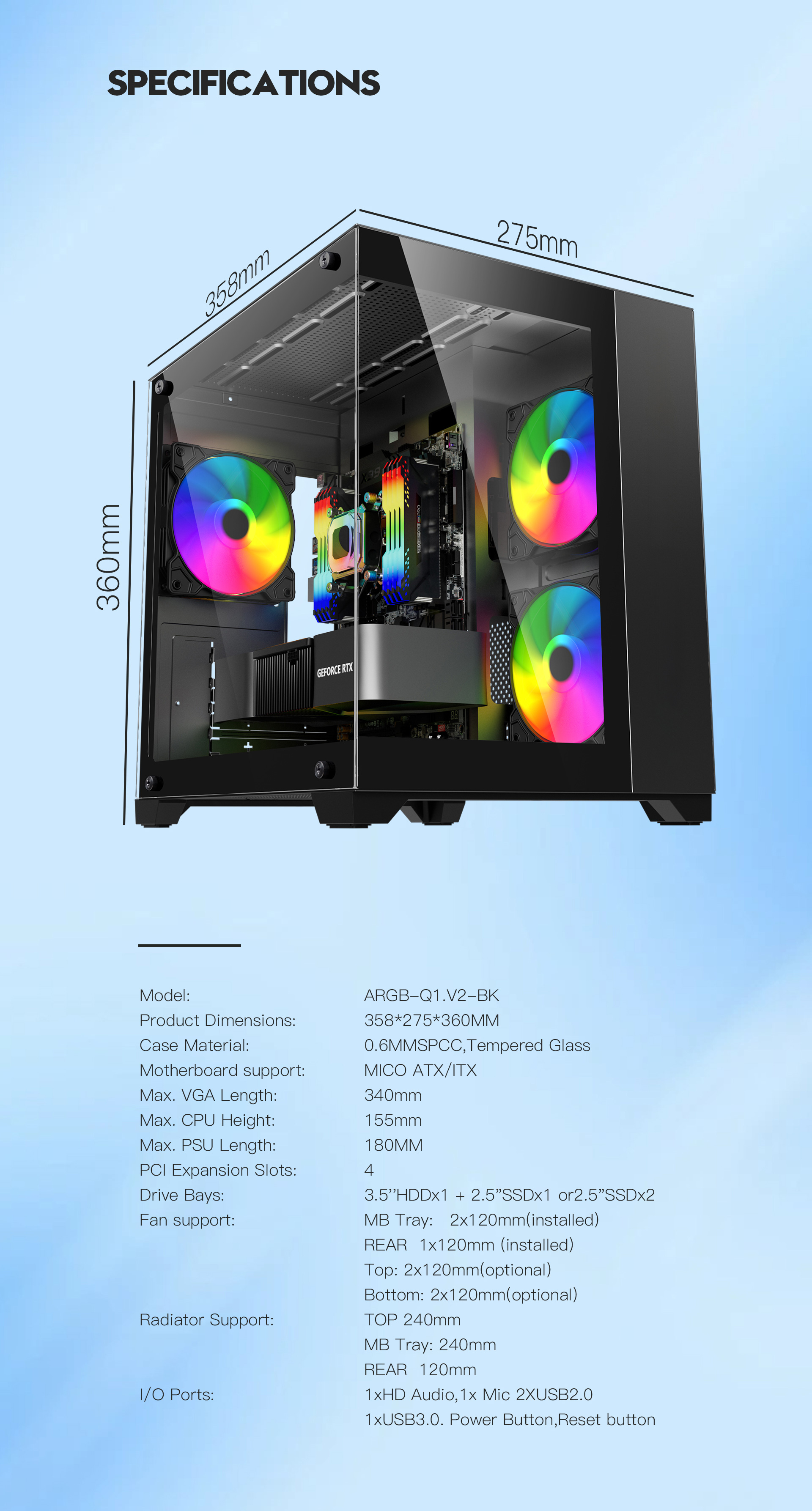 DIYPC ARGB-Q1.V2-BK Black Tempered Glass Micro ATX Gaming Computer Case