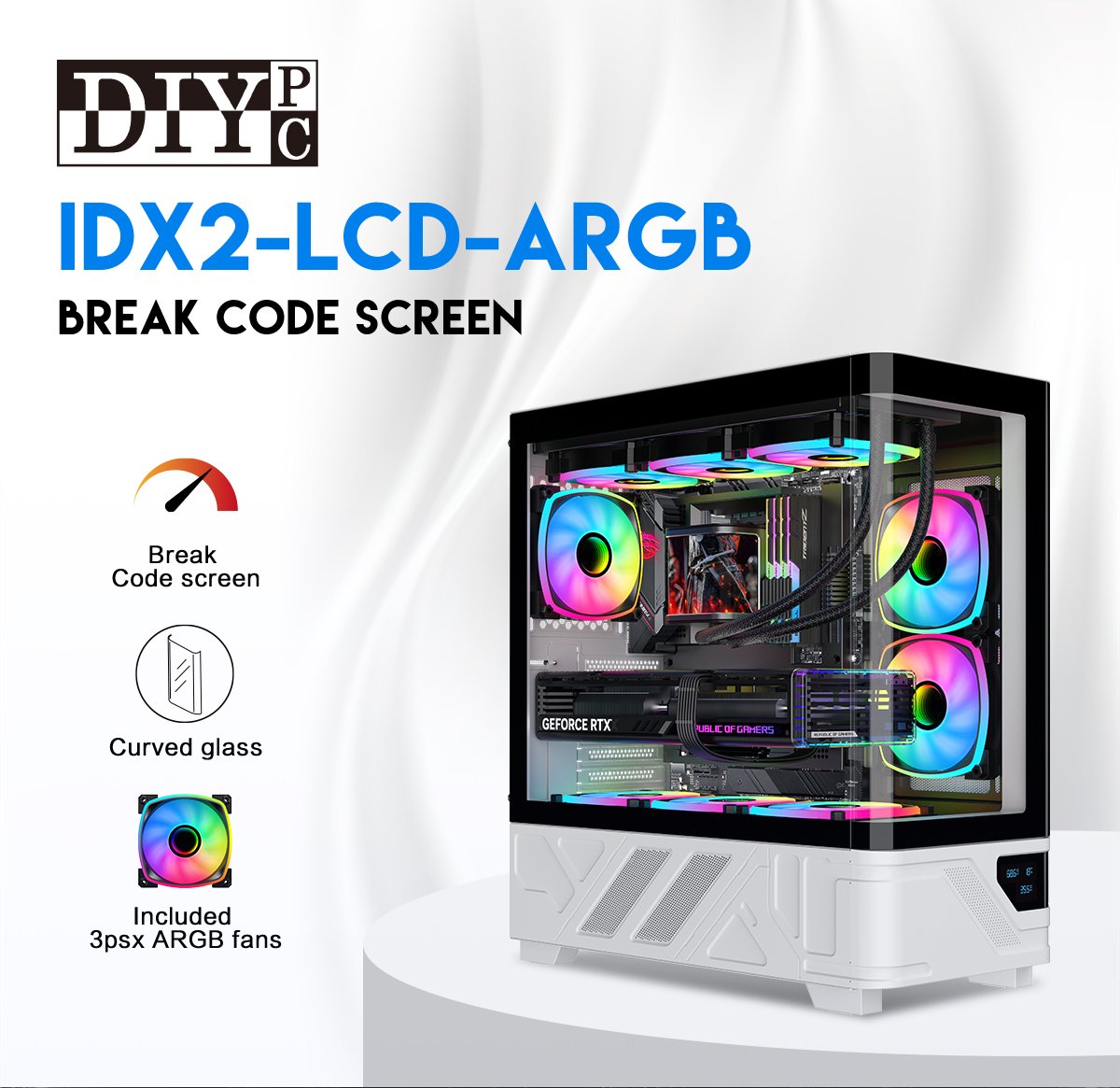 DIYPC IDX2-LCD-ARGB Black USB3.0/Type C Curved Tempered Glass ATX Gaming Computer Case