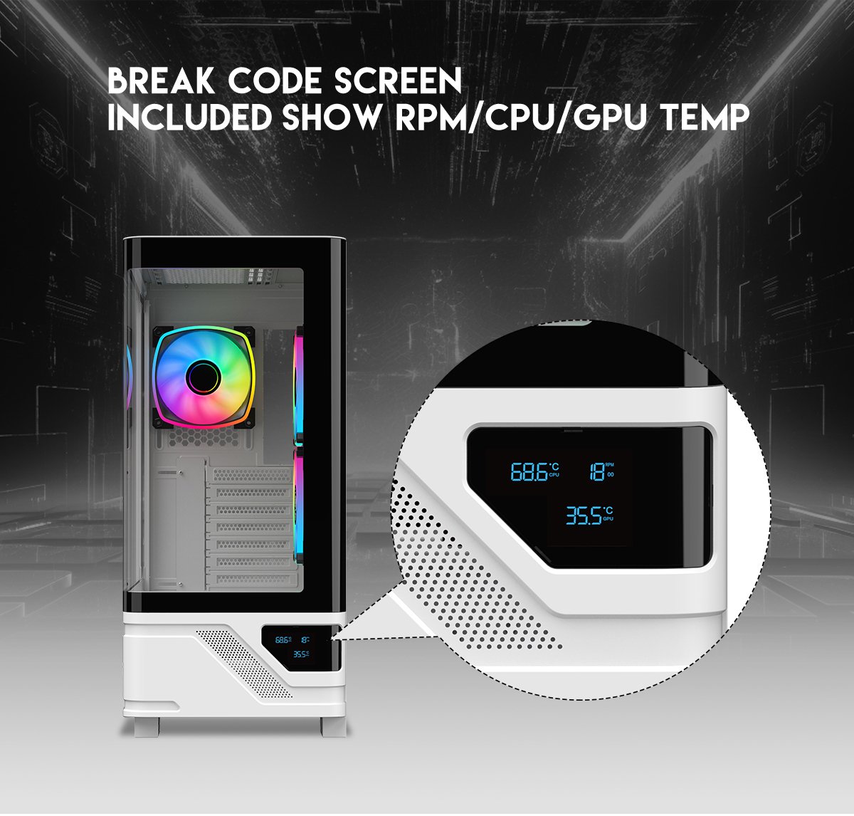DIYPC IDX2-LCD-ARGB Black USB3.0/Type C Curved Tempered Glass ATX Gaming Computer Case