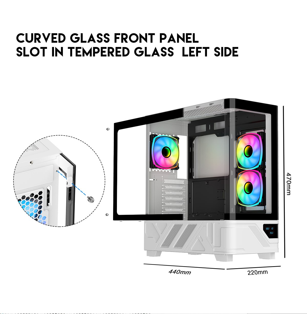 DIYPC IDX2-LCD-ARGB Black USB3.0/Type C Curved Tempered Glass ATX Gaming Computer Case