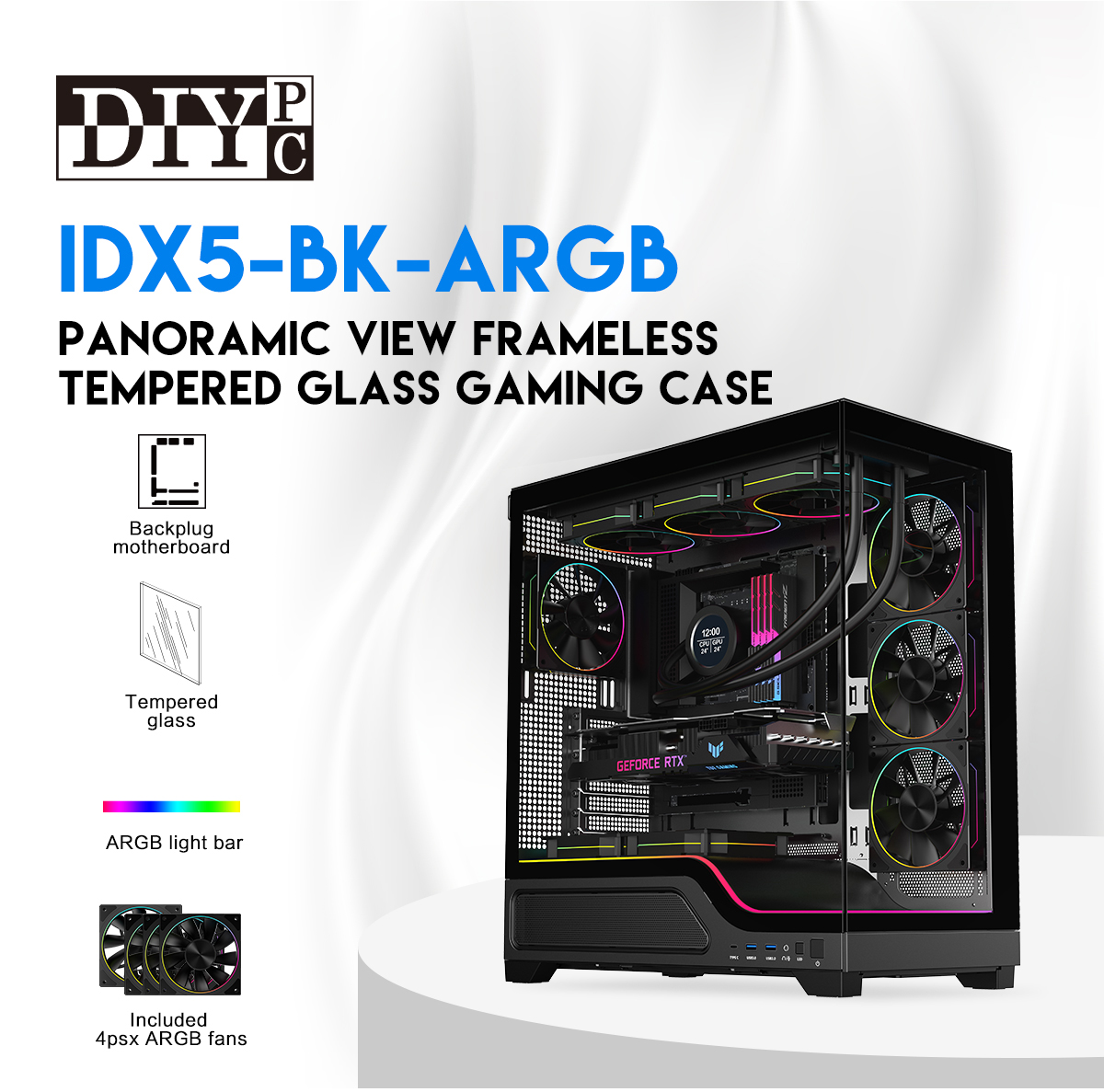 DIYPC IDX5-BK-ARGB Black ATX Gaming Computer Case