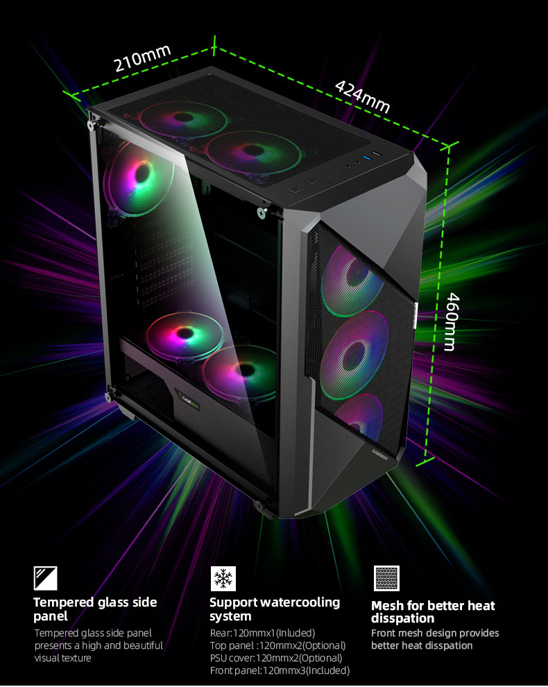 Gamemax Revolt ARGB Gaming Mid-Tower PC Case Tempered Glass, FanS Included  Supports Up to ATX