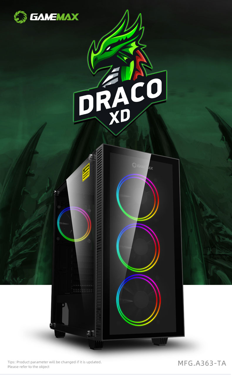 Gamemax Draco XD Black Case Ring 4 Glass Mid Tower Gaming Panels Fan Computer ARGB and x w/Tempered ATX USB3.0 Glass Tempered Dual (Pre-Installed)