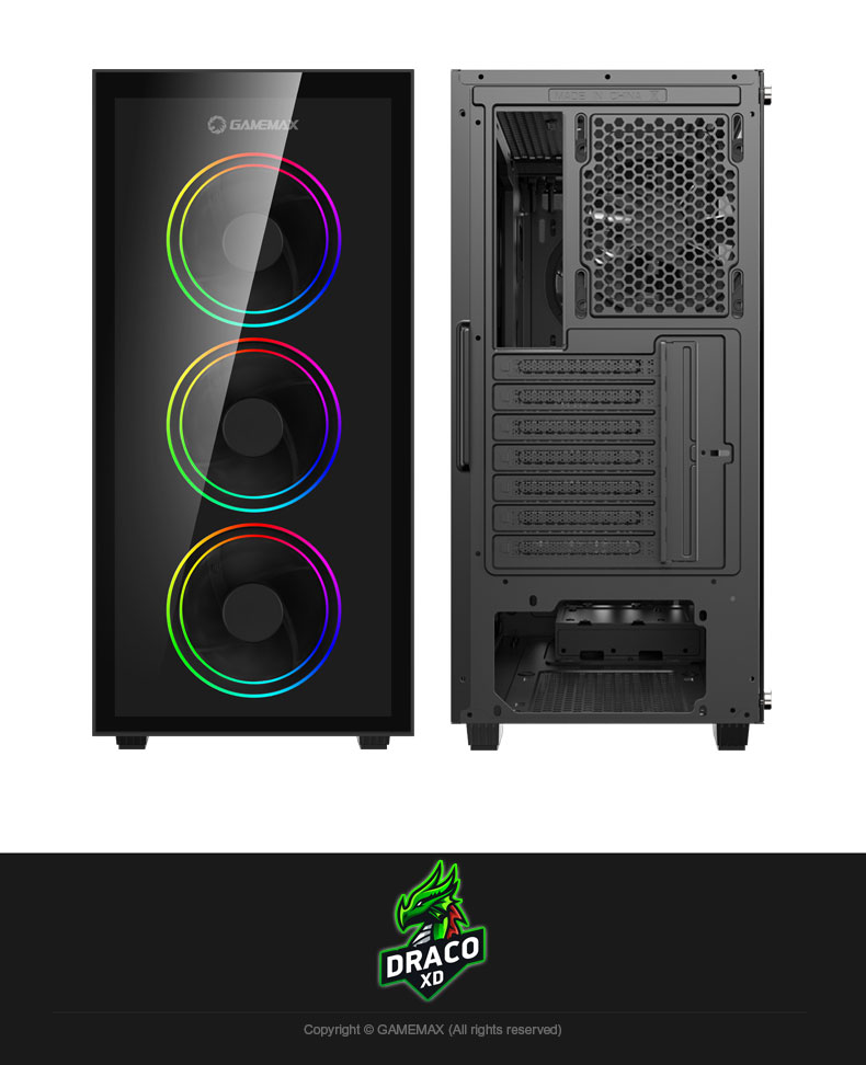 and 4 Tower Tempered Glass Fan w/Tempered Ring (Pre-Installed) Gaming Gamemax ARGB USB3.0 Mid Glass Dual Draco XD Computer Case Panels ATX x Black