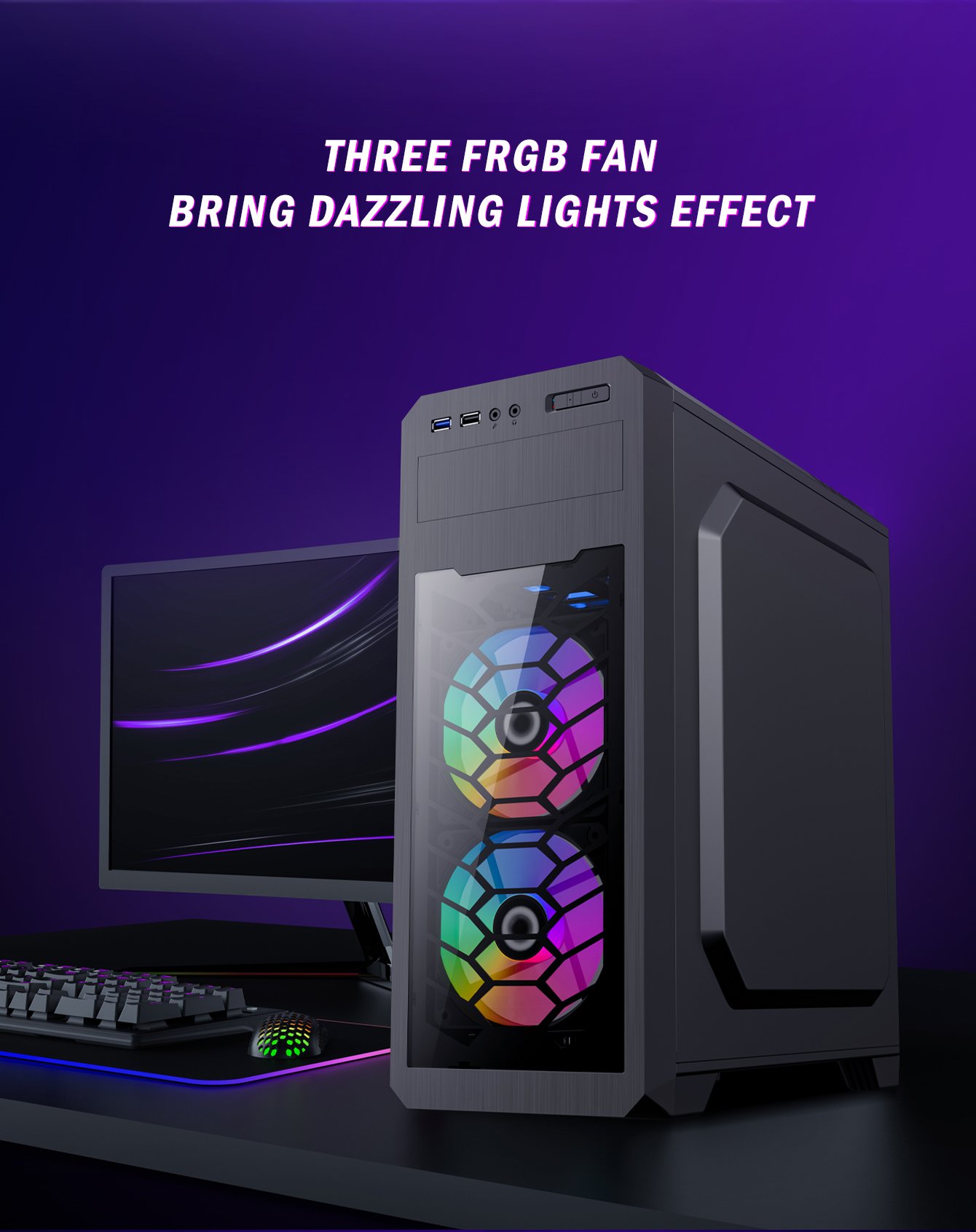 Gamemax G563 Black Steel ATX Tower USB3.0 Computer Case w/ 3 x Autoflow  Rainbow LED 120mmFans (Pre-Installed) 