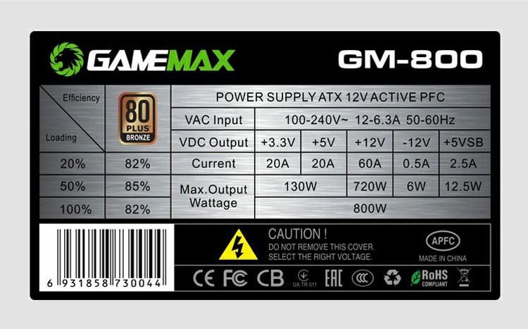 Game Max Bloc d'alimentation 800W semi-modulaire
