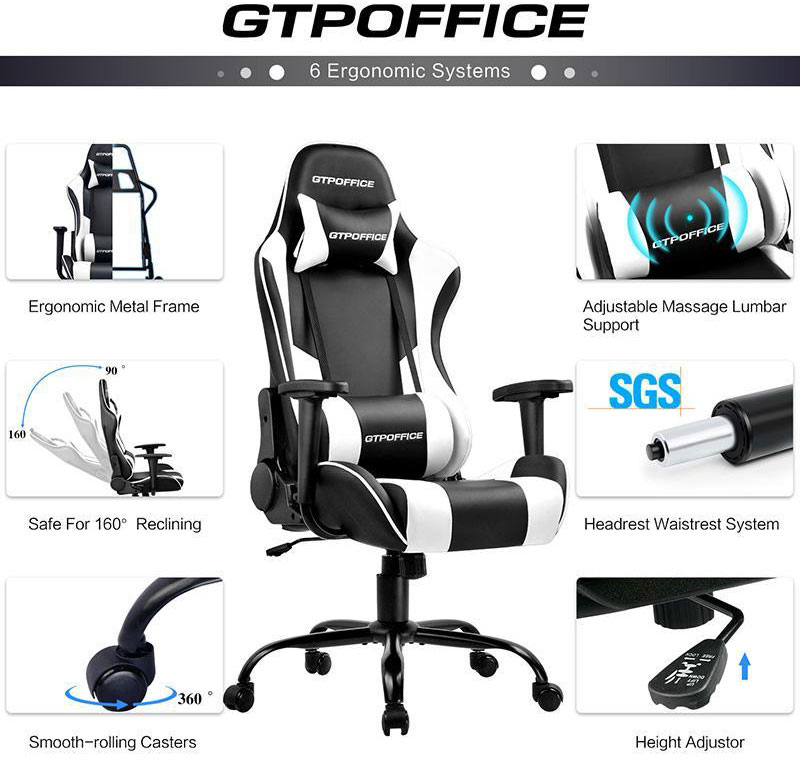 Gaming Chair with Footrest and Ergonomic Lumbar Massage Pillow PU Leather  Office Chair White - GTRACING