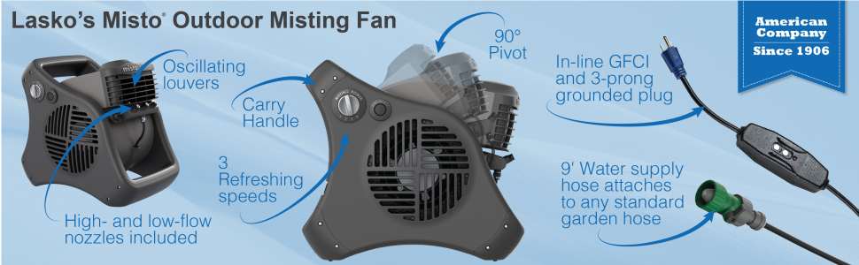 Lasko 7050 Pivoting Misto Outdoor Misting Fan with GFCI Cord and 3 Speeds