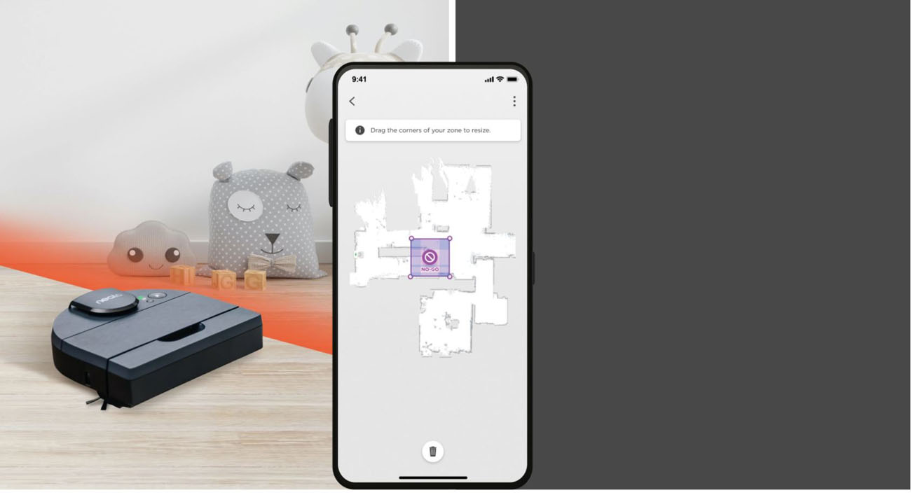 A zone is marked via app on a floor plan to not let Neato D8 enter which is against a background of real-world robot moving along the marked line.