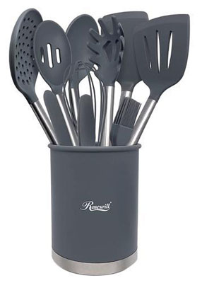 Rosewill Kitchen Silicone Cooking Utensil Set, High Heat Resistant Spatulas,  Spoons, Ladle, Tongs With Stainless Steel Handle, Draining Holder