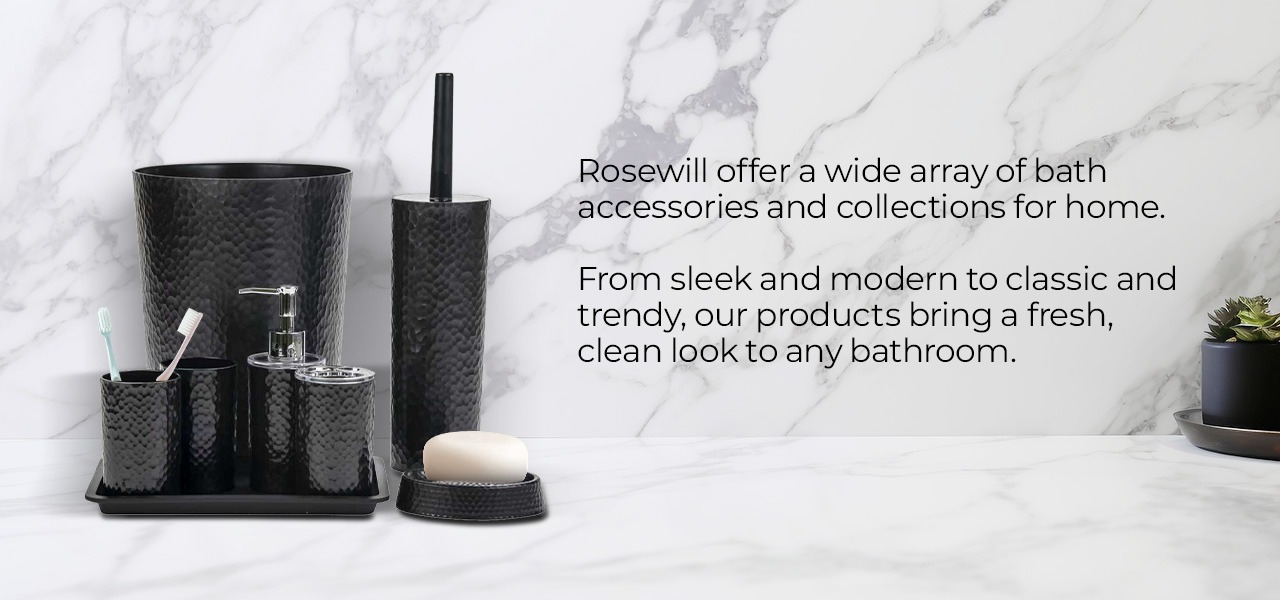 Rosewill Bathroom Accessories 8-Piece Set – Trash Can, Toilet Brush with Holder, Lotion Dispenser, Toothbrush Holder, 2 Toothbrush Cups, Soap Dish & Tray