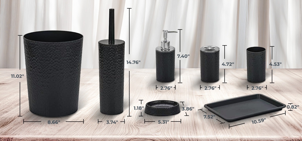Rosewill Bathroom Accessories 8-Piece Set – Trash Can, Toilet Brush with Holder, Lotion Dispenser, Toothbrush Holder, 2 Toothbrush Cups, Soap Dish & Tray