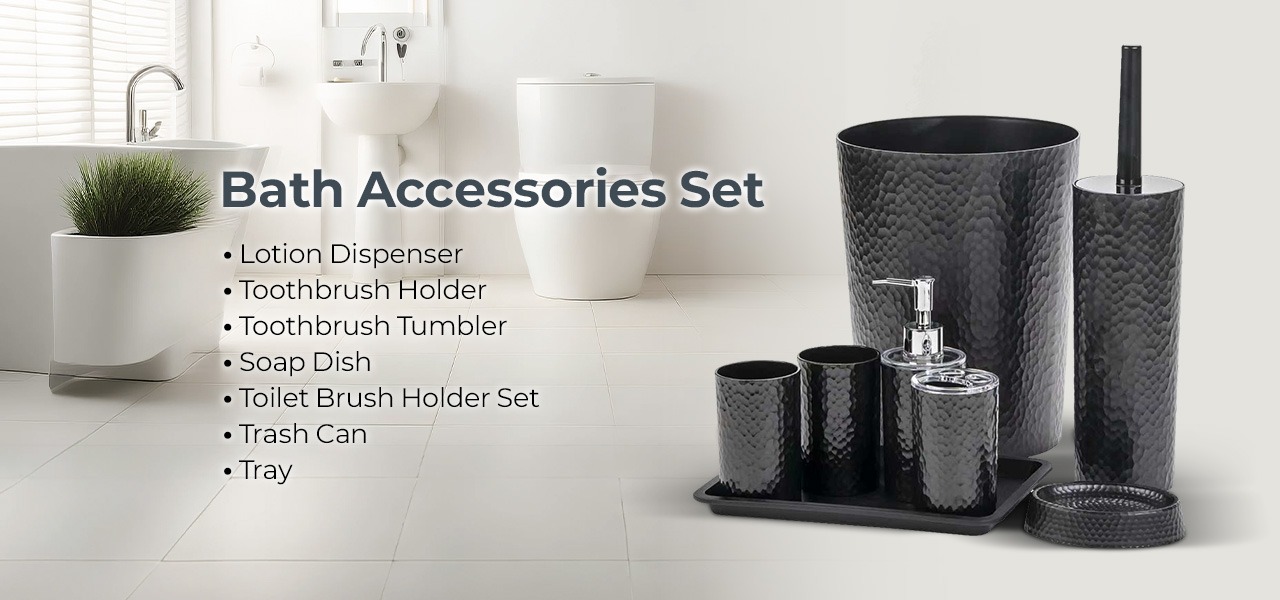 Rosewill Bathroom Accessories 8-Piece Set – Trash Can, Toilet Brush with Holder, Lotion Dispenser, Toothbrush Holder, 2 Toothbrush Cups, Soap Dish & Tray