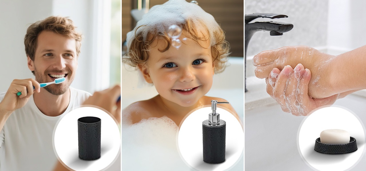 Rosewill Bathroom Accessories 8-Piece Set – Trash Can, Toilet Brush with Holder, Lotion Dispenser, Toothbrush Holder, 2 Toothbrush Cups, Soap Dish & Tray