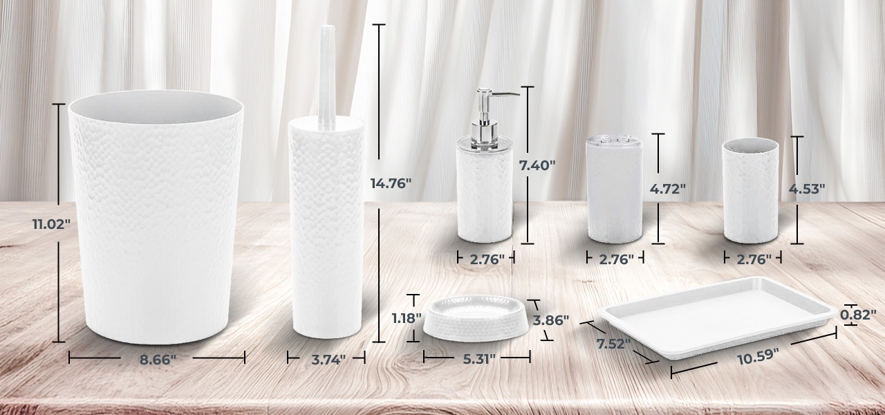Rosewill Bathroom Accessories 8-Piece Set – Trash Can, Toilet Brush with Holder, Lotion Dispenser, Toothbrush Holder, 2 Toothbrush Cups, Soap Dish & Tray