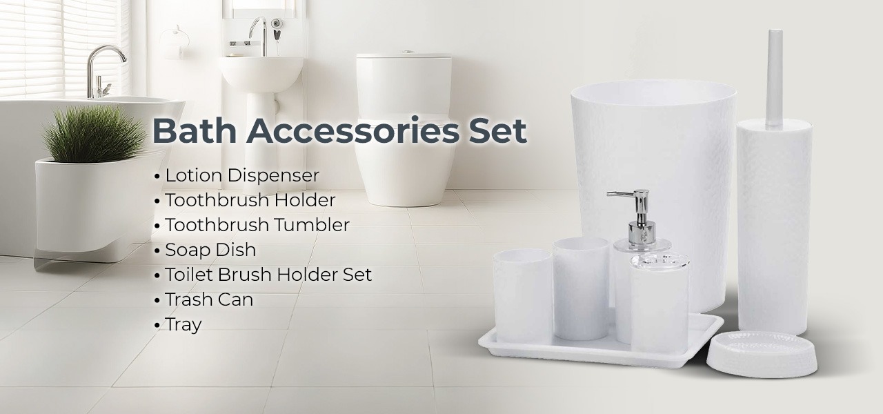 Rosewill Bathroom Accessories 8-Piece Set – Trash Can, Toilet Brush with Holder, Lotion Dispenser, Toothbrush Holder, 2 Toothbrush Cups, Soap Dish & Tray