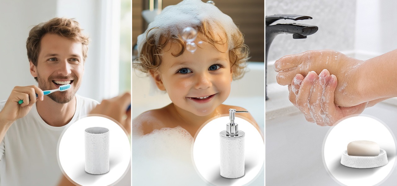 Rosewill Bathroom Accessories 8-Piece Set – Trash Can, Toilet Brush with Holder, Lotion Dispenser, Toothbrush Holder, 2 Toothbrush Cups, Soap Dish & Tray