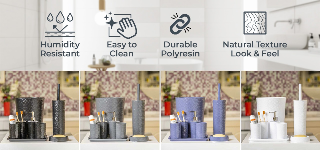 Rosewill Bathroom Accessories 8-Piece Set – Trash Can, Toilet Brush with Holder, Lotion Dispenser, Toothbrush Holder, 2 Toothbrush Cups, Soap Dish & Tray