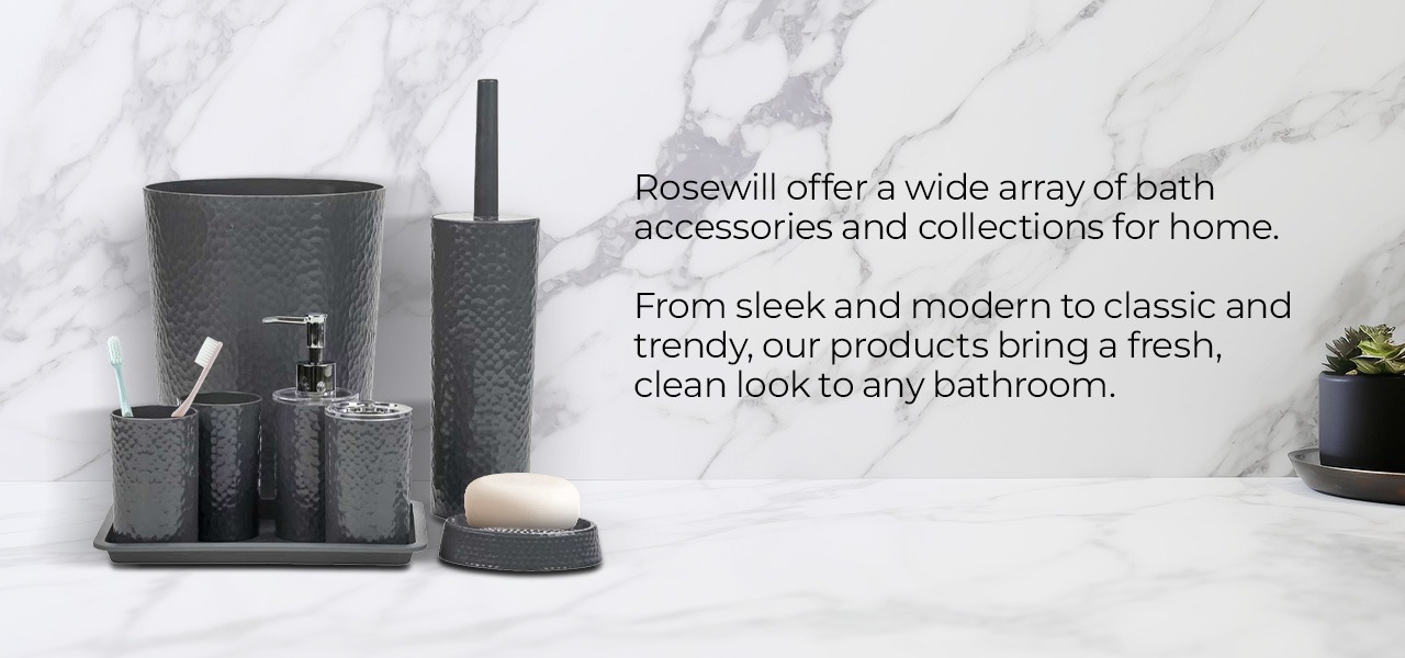 Rosewill Bathroom Accessories 8-Piece Set – Trash Can, Toilet Brush with Holder, Lotion Dispenser, Toothbrush Holder, 2 Toothbrush Cups, Soap Dish & Tray
