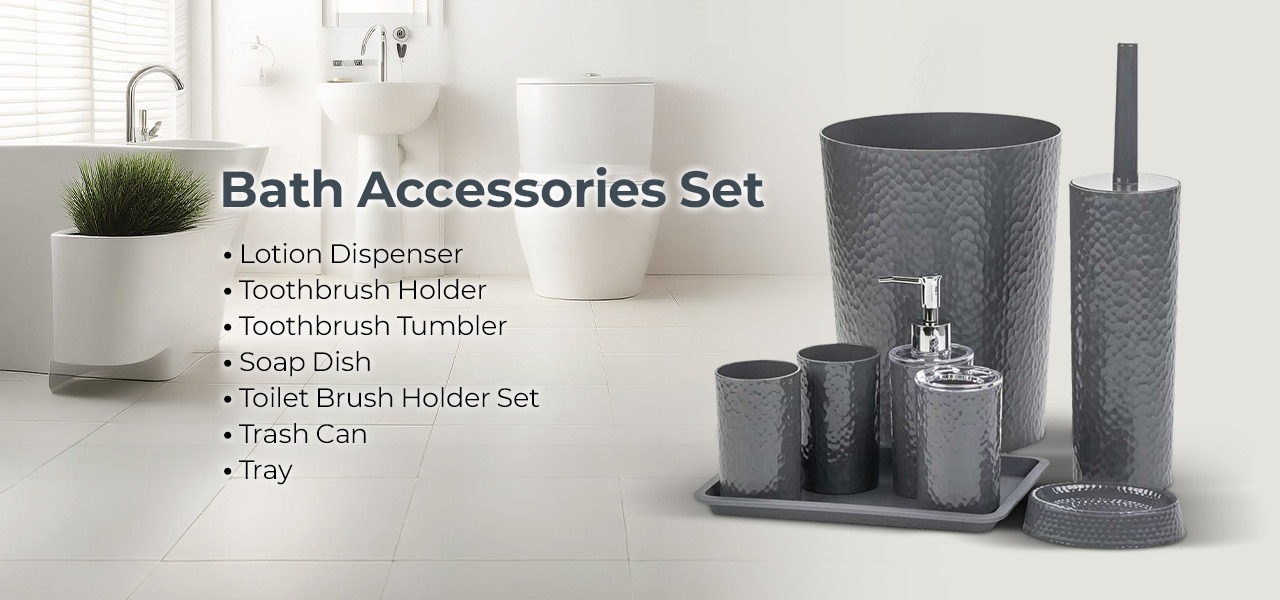 Rosewill Bathroom Accessories 8-Piece Set – Trash Can, Toilet Brush with Holder, Lotion Dispenser, Toothbrush Holder, 2 Toothbrush Cups, Soap Dish & Tray