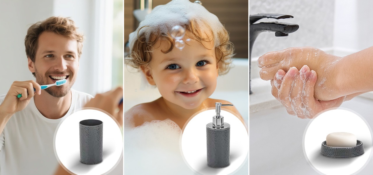 Rosewill Bathroom Accessories 8-Piece Set – Trash Can, Toilet Brush with Holder, Lotion Dispenser, Toothbrush Holder, 2 Toothbrush Cups, Soap Dish & Tray