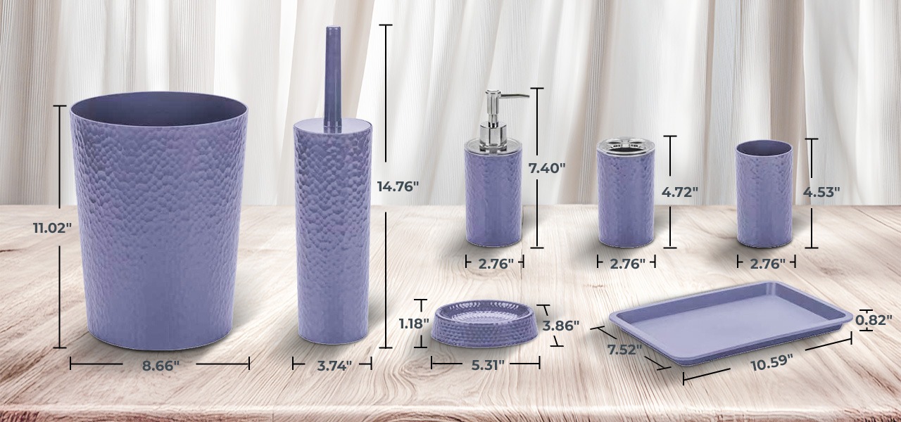 Rosewill Bathroom Accessories 8-Piece Set – Trash Can, Toilet Brush with Holder, Lotion Dispenser, Toothbrush Holder, 2 Toothbrush Cups, Soap Dish & Tray