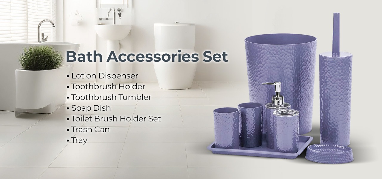Rosewill Bathroom Accessories 8-Piece Set – Trash Can, Toilet Brush with Holder, Lotion Dispenser, Toothbrush Holder, 2 Toothbrush Cups, Soap Dish & Tray