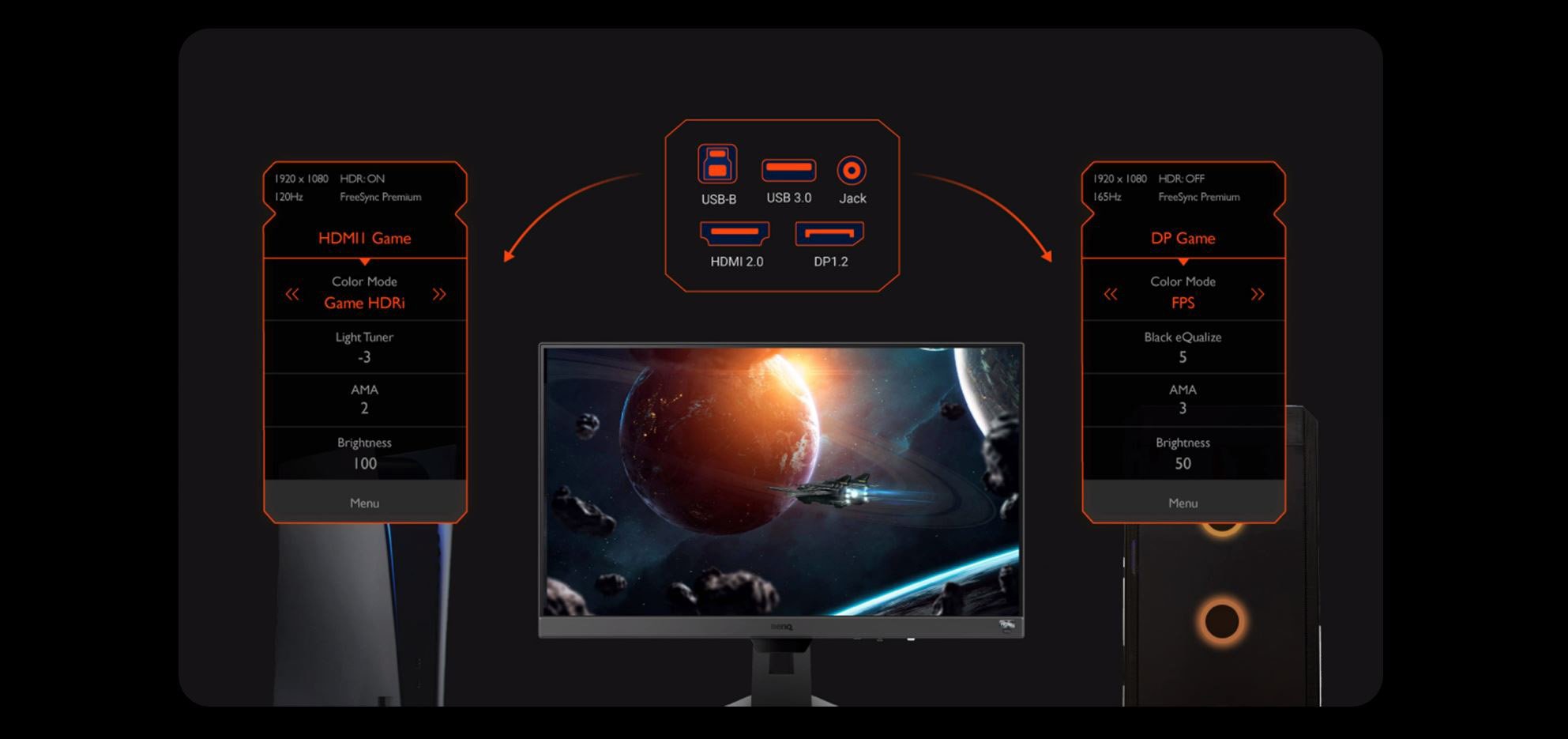 BenQ MOBIUZ EX240 Gaming Monitor 24 FHD 1080p 165Hz 1ms | IPS | HDRi |  sRGB | Color Optimizer | Black eQualizer | Freesync | Eye-Care | Height