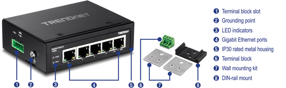 TRENDnet 5-Port Hardened Industrial Gigabit DIN-Rail Switch