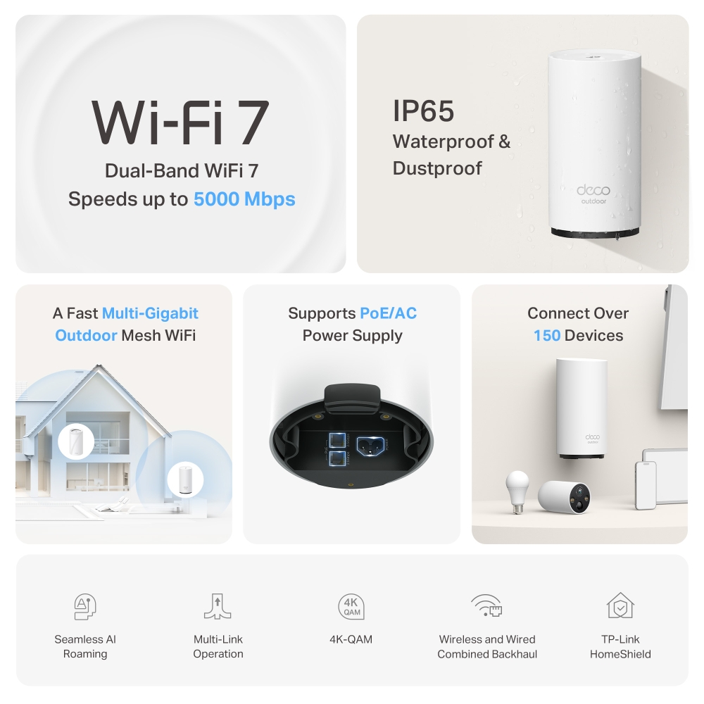TP-Link Deco BE25-Outdoor BE5000 Dual-Band Wi-Fi 7 Outdoor Mesh WiFi Extender