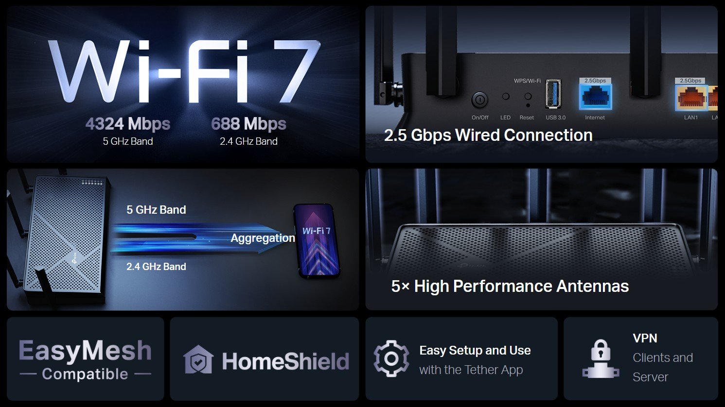 TP-Link Archer BE260 BE5000 Dual-Band Wi-Fi 7 Router