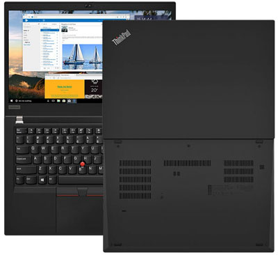 Front and rear views of two ThinkPad T490s, with screen fully opened flat   