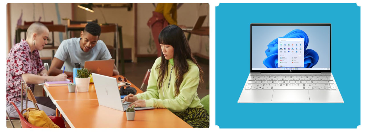 Two pictures with one showing different people using HP laptop and the other showing an opened HP laptop