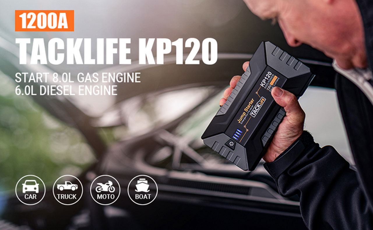 TACKLIFE KP120 1200A Peak Car Jump Starter for up to 8L Gas and 6L Diesel  Engines, 12V Car Booster, Portable Power Pack with QC 3.0 and Type-C Port