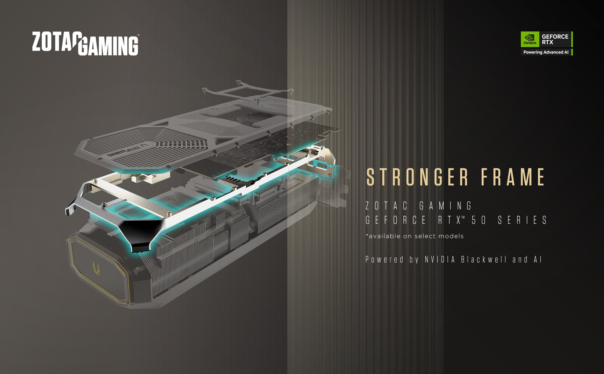 Durable GPU with metal backplate, triple-fan cooling, housing 16GB GDDR7, for PCIe 5.0 8K gaming