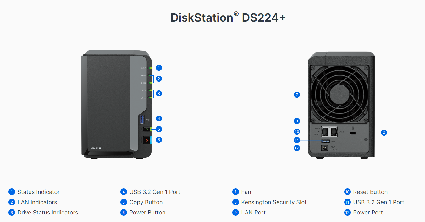Servidor NAS Synology DiskStation SD224+: Procesador Intel Celeron J4125  (hasta 2.7 GHz), Memoria 2GB DDR4, hasta 2 Bahías SATA, No Incluye Discos  Duros.